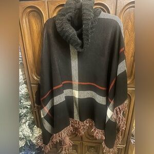 Tribal Black and Red Textured Knit Poncho